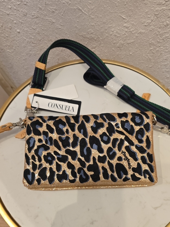 Consuela Handbags - Consuela Gold Leopard UPTOWN Crossbody with Black and Blue Accents